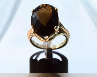 Large Oval Smoky Quartz Ring, Solid Silver, Handmade