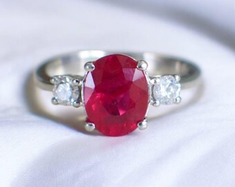 Lab Created Ruby Ring, Solid Silver, Oval Stone & Moissanite Accent