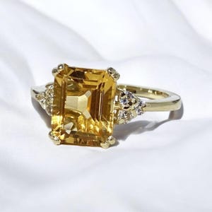 Natural Citrine Ring,Solid Silver 10×12 MM Emerald Cut Gemstone Engagement Ring
