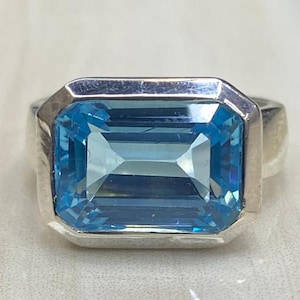 Natural Large Emerald Cut Blue Topaz Solitaire Gemstone Ring, 925 Silver, 10x14MM‚December Birthstone, Gift For Her, Flawless Gem