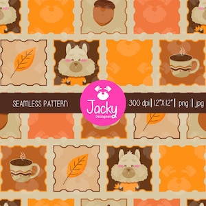 Puede incluir: Patrón repetitivo sin costuras con osos de dibujos animados, bellotas, hojas y tazas de café en tonos naranja, marrón y beige. El patrón incluye el texto "Seamless Pattern" y el logotipo del diseñador.
