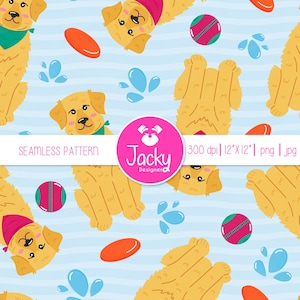 Digital seamless golden retriever surface pattern, playful Puppy Digital Paper, for dog lovers. Download file for commercial use.