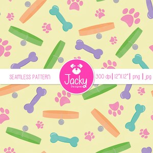 Puede incluir: Un patrón sin costuras con huesos de perro, collares y huellas de patas en tonos naranja, verde, morado y azul sobre un fondo amarillo claro. El diseño incluye el texto "Seamless Pattern" y el logotipo del diseñador.