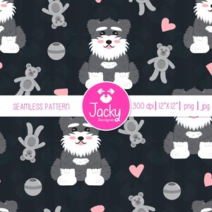 Digital seamless Schnauzer surface pattern on a charcoal background, for dog lovers. Download file for commercial use.