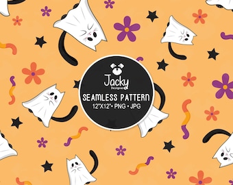 Nahtloses Halloween-Muster | Nahtloses Geisterkatzen-Muster für Halloween-Dekorationen: Digitaler Download zur kommerziellen Nutzung
