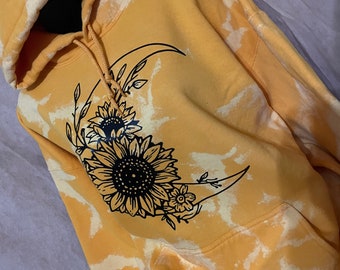 Moon & Sunflowers hoodie pullover bleached distressed graphic top, yellow or old gold vintage trending sweater.
