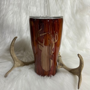 Hand Painted Deer Tumbler: Wood Grain Stainless Steel Hunter Gift