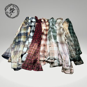 Bleached Distressed Plaid Flannel Shirt: Vintage Style Cotton Blend