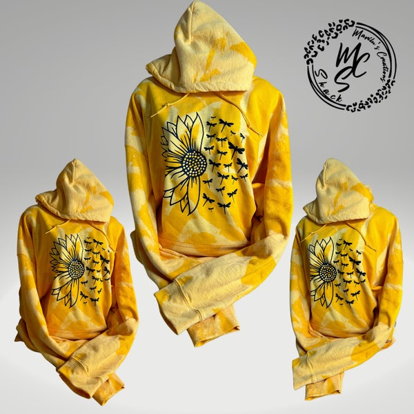 Sunflower and Dragonflies hoodie, bleached distressed sweater, sunflower graphic top, yellow or old gold vintage trending pullover.