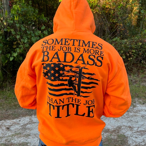 Lineman Hoodie, pullover hooded sweater, in safety (bright) orange or safety (bright) yellow. Lineman clothing, proud journeyman lineman