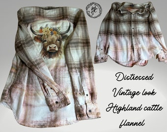 Distressed Highland Cattle Flannel Shirt: Bleached Tan Plaid Cow Top