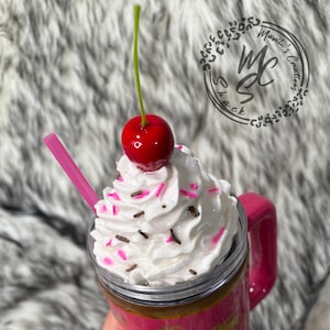 Whipped Cream Topper with hot pink and chocolate fake sprinkles, Removable Cup Lid Topper, Fake Whipped Cream with Cherry Top