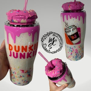 Dunkie Junkie Tumbler, 3d donut tumbler with pink dripping removable topper and sprinkles. 3d pink dripping glitter tumbler.