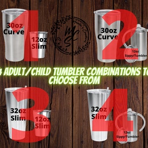 May include: Four different combinations of stainless steel tumblers, with two sizes: 30 oz and 32 oz. The tumblers are in a curved and slim style. The smaller tumblers are 12 oz and are in a sippy cup style.