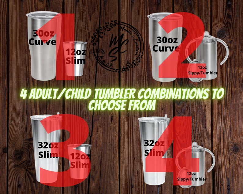 May include: Four different combinations of stainless steel tumblers, with two sizes: 30 oz and 32 oz. The tumblers are in a curved and slim style. The smaller tumblers are 12 oz and are in a sippy cup style.