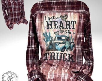 Bleached Plaid Flannel Shirt: Heart Like a Truck, Distressed Soft Cotton