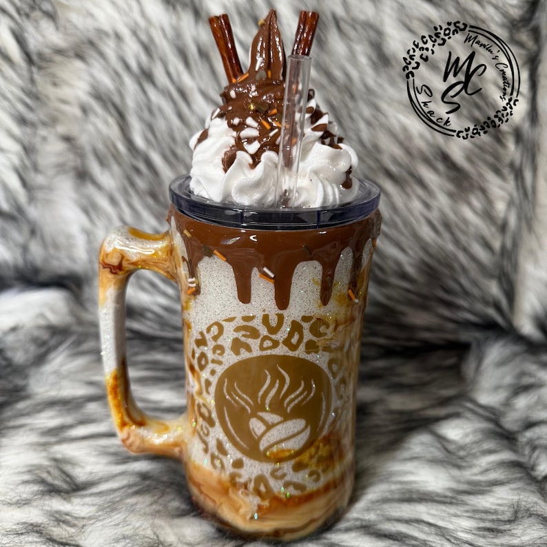 Caramel Mocha Tumbler: 3D Whipped Cream Topper, Glitter Cup image 6