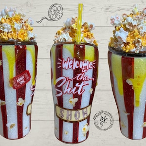 Popcorn Tumbler with 3D removable topper with realistic kernels and 3d butter dripping, welcome to the sh*t show cup, red and white glitter