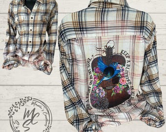 Bleached Flannel Shirt: Guitar, Bluebird & Floral Design