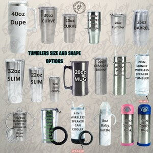 May include: A chart displaying various sizes and shapes of tumblers, mugs, and sippy cups. The chart includes measurements in ounces, such as 40oz, 32oz, 20oz, 12oz, and 8oz. Some of the tumblers feature a handle, a straw, or a speaker.