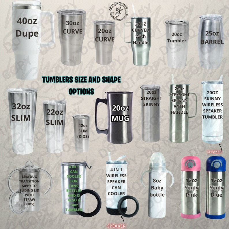 May include: A chart displaying various sizes and shapes of tumblers, mugs, and sippy cups. The chart includes measurements in ounces, such as 40oz, 32oz, 20oz, 12oz, and 8oz. Some of the tumblers feature a handle, a straw, or a speaker.