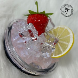 Strawberry Lemon and ice removable toppers and lid for different size tumblers. Fruit and Ice topper replacement lid. Tumbler top