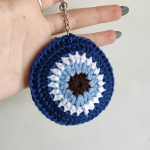 Evil eye crochet keychain indie accessories handmade by Okeanos Creations