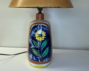 Vintage Italian pottery lamp  red ware hand painted yellow flower motif with vintage cardboard shade