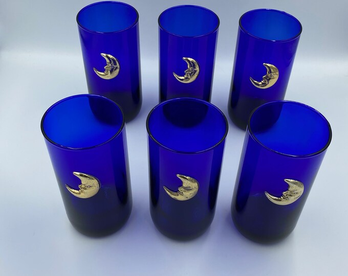 Libbey Cobalt Blue Tumbler Drinking Glasses With Raised Moon Set of 6