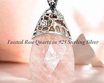 Elegant Faceted Rose Quartz Pendant in 925 Sterling Silver,  Stone of Unconditional Love & Serenity