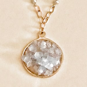Blue Raw Celestite Cluster Necklace with Handmade Chain of Gray Baby Pearls & Slender Gold Links