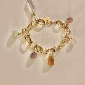 Crystal Gold Charm Bracelet with Clear Quartz, Rose Quartz, Jasper, Jade, Amethyst & Citrine.  ON POINT for 2024 Spring Jewelry Trends!!!!