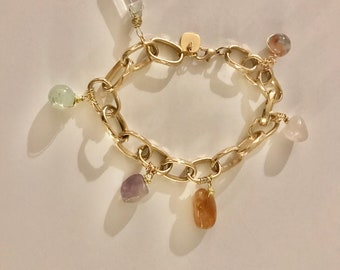 Crystal Gold Charm Bracelet with Clear Quartz, Rose Quartz, Jasper, Jade, Amethyst & Citrine.  ON POINT for 2024 Spring Jewelry Trends!!!!