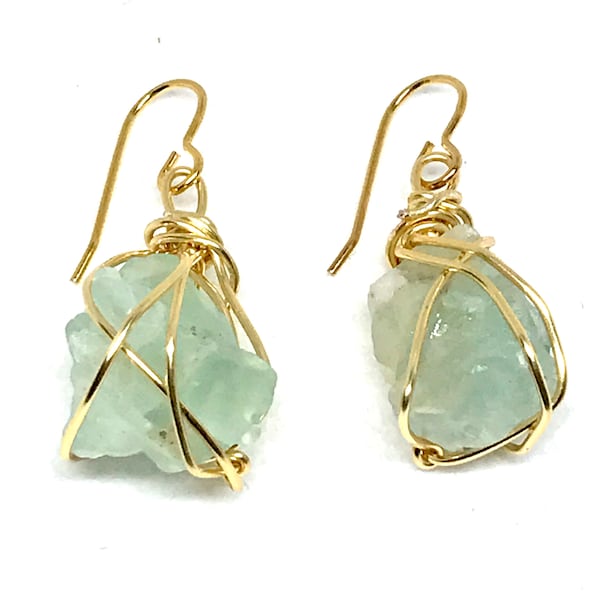 Flourite Crystal Wire Wrapped Gold Earrings