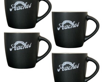 Set of four, Rockford Peaches 10 oz. black ceramic mugs with double-sided logo in giftable boxes.