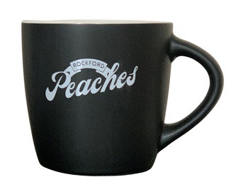 Rockford Peaches 10 oz. black ceramic mug with double-sided logo in giftable box.