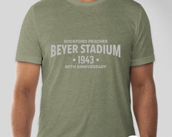 Beyer Stadium/Rockford Peaches 80th Anniversary Unisex tee, Olive.