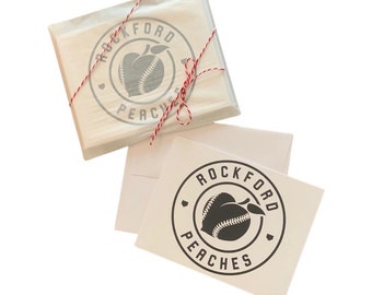 Rockford Peaches logo white notecards w/envelopes in glassine bag