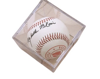 Rockford Peaches logo leather baseball, autographed by Maybelle Blair.
