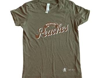 Rockford Peaches Youth tee in olive.