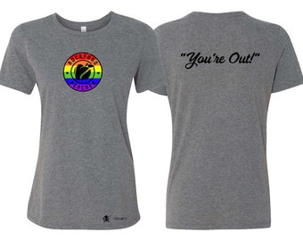 Rockford Peaches Pride Logo "You're Out!" Women's Short Sleeve Crewneck Tee