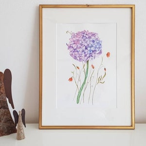 Pintura de acuarela flores de hortensias originales hechas a mano