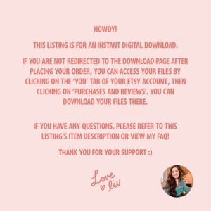 May include: A light pink digital download listing with text that reads "HOWDY!" and instructions on how to access the digital download. The text also includes "Love liv" in cursive and a photo of a woman.