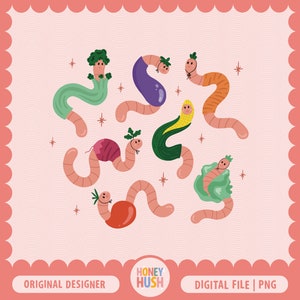 Könnte beinhalten: Eine digitale Illustration von sieben Würmern, die als verschiedene Gemüse verkleidet sind. Die Würmer sind rosa und haben ein freundliches Gesicht. Das Gemüse umfasst Brokkoli, Aubergine, Mais, Karotte, Radieschen, Tomate und Salat.