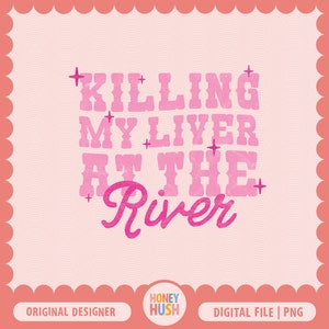 Może przedstawiać: Różowy projekt graficzny z tekstem "Killing my liver at the river" z różowymi gwiazdami wokół tekstu.