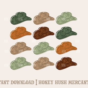 May include: Set of 12 digital clipart images of floral patterned cowboy hats in various shades of green, brown, and orange.  INSTANT DOWNLOAD | HONEY HUSH MERCANTILE