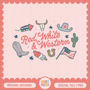 Rödvit och western | Vintage western fjärde juli PNG | 4 juli cowboyhatt cowgirlstövlar sublimeringsfil | Digital nedladdning