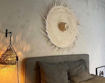 Chapeau de paille mural à franges, décoration murale bohème, chapeau de paille marocain