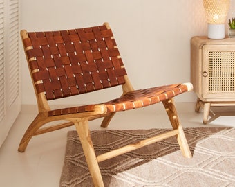 Moroccan leather & wood armchair, artisanal bench, handcrafted chair