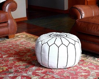 Leather floor cushion - white moroccan leather pouf - boho leather pouf - vintage decor - moroccan pouf seating - bohemian pouf stool